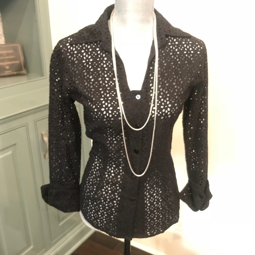 Dick and Jayne black eyelet LS top size small